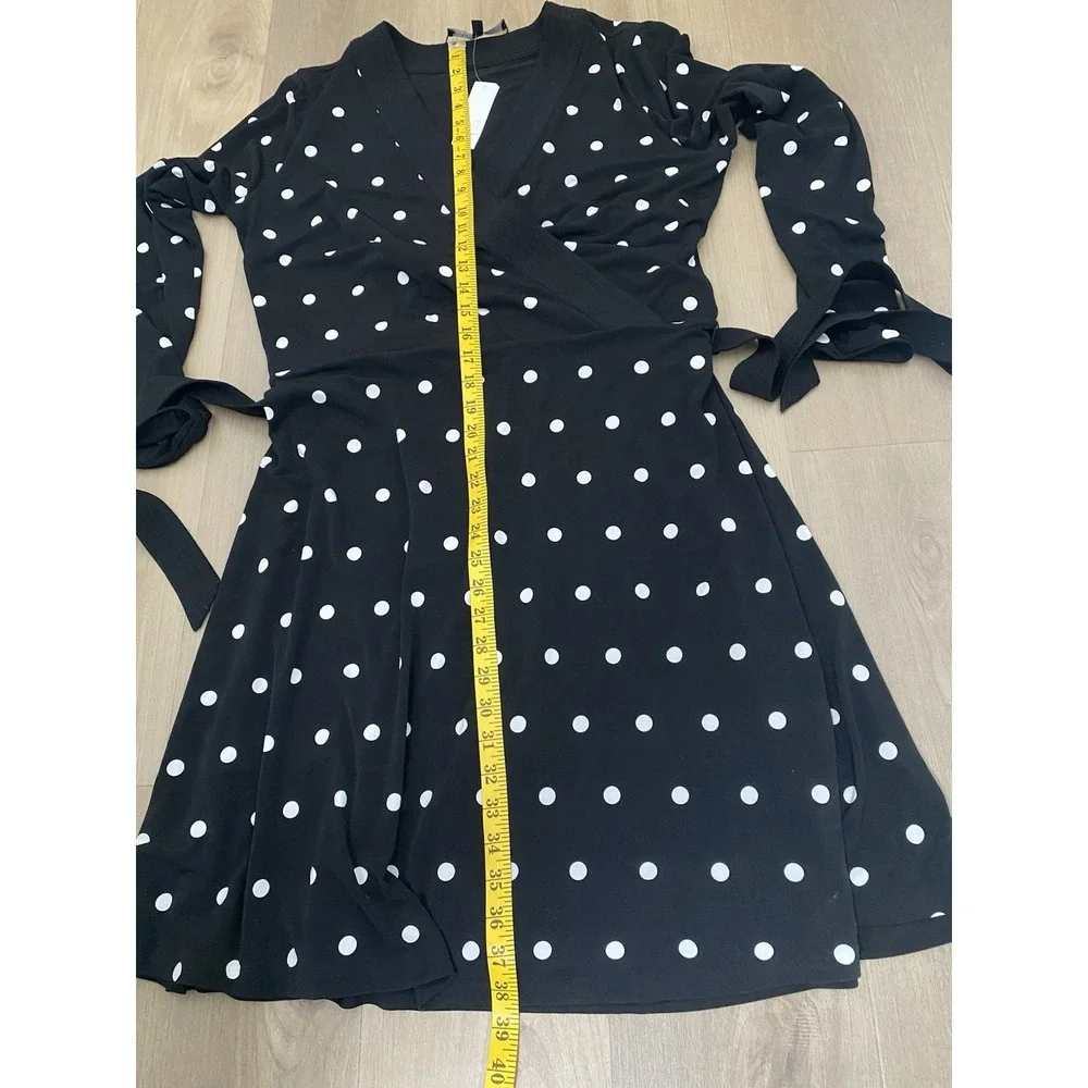 White House Black Market Black Polka Dot Long Sleeve Faux Wrap‎ Dress Size 16